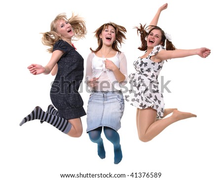 Three girls have cheerfully jumped up