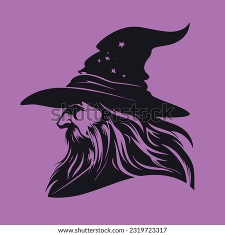 Wizard warlock, old man 
 silhouette wizard character, side view, logo vector isolated