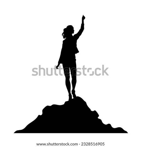 Silhouette woman raising hands on top of mountain, successful concept, vector isolated