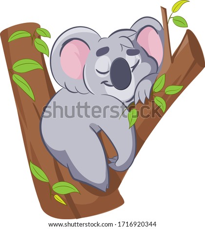 Smiling cute cartoon koala sleeping on the tree.