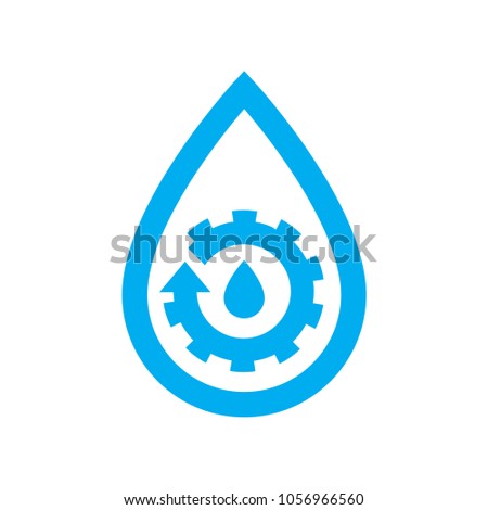 Water plumbing maintenance icon. Blue gear cog in water drop symbol isolated on white background. Vector illustration.