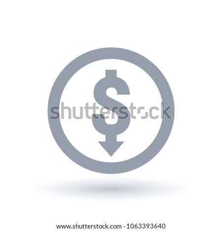 Dollar with arrow down concept icon in circle outline. Investment loss symbol. Economic recession sign. Vector illustration.