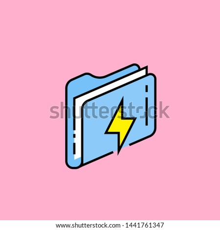 Folder bolt flash line icon. Flash storage data file sign. Blue computer document drive symbol isolated on pink background. Vector illustration.