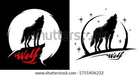 Black alpha male lone wolf with full moon silhouette. Wild animal at night graphic design illustration. Line art style wolves vector set.