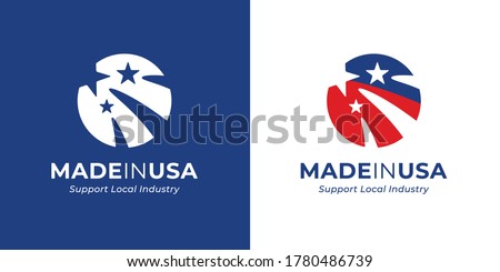Made in USA logo template design. American brand emblem. United States of America abstract round flag stamp icon. Vector illustration.
