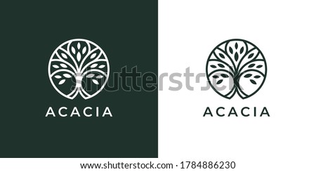 Circle tree logo icon template design. Round garden plant natural line symbol. Green branch with leaves business sign. Vector illustration.