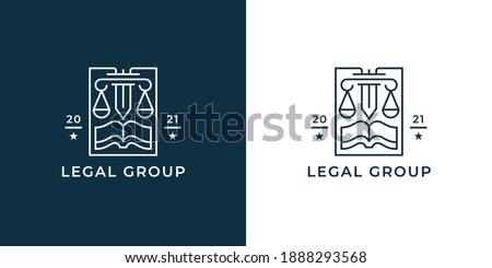 Law firm logo. Legal group sign. Concept weight scales, book and pillar sword line icon. Lawyer attorney symbol. Vector illustration.
