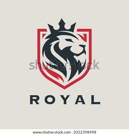 Royal lion shield logo icon. Premium king animal head badge vector illustration.