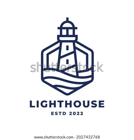 Lighthouse logo. Nautical light beacon line icon. Maritime harbor building symbol. Vector illustration.