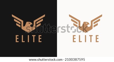 Flying eagle wings logo. Luxury flight icon. Gold hawk emblem symbol. Falcon shield badge. Vector illustration.