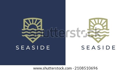 Seaside holiday resort line icon. Gold luxury beach hotel villas logo. Nature sunset boutique spa symbol. Sunshine and sea summer vacation travel emblem. Vector illustration.