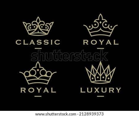 Royal gold crown logo set. Luxury king brand icons. Elegant golden business symbol collection. Premium design element illustration vector pack.