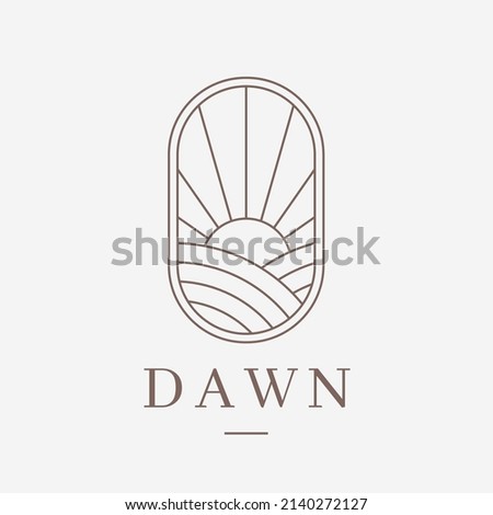 Sunrise icon. Sunshine line art emblem. Elegant sunset landscape label. Minimalistic dawn sky logo. Vector illustration.