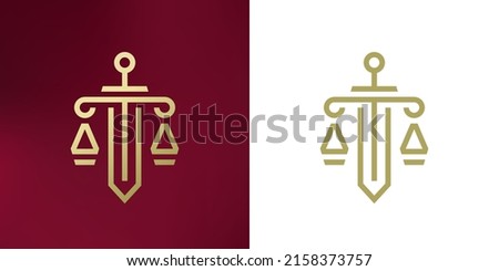 Law firm logo. Sword and scale of justice icon. Corporate lawyer symbol. Gold attorney business sign. Legal advocate emblem. Vector illustration.