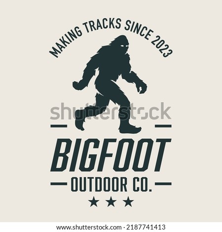 Bigfoot walking logo design. Sasquatch crossing icon. Hairy wild man symbol. Cryptid company emblem. Mythical cryptozoology creature brand identity. Vector illustration.