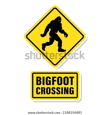 Bigfoot crossing road sign. Sasquatch walking symbol. Hairy wild man cryptid poster. Mythical cryptozoology creature silhouette icon. Vector illustration.