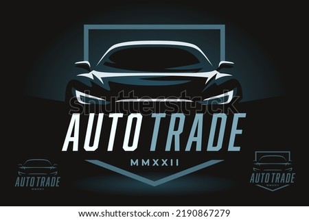 Auto trade car dealer logo emblem. Sports car silhouette shield icon. Motor vehicle dealership badge. Automotive showroom garage sign. Vector illustration.