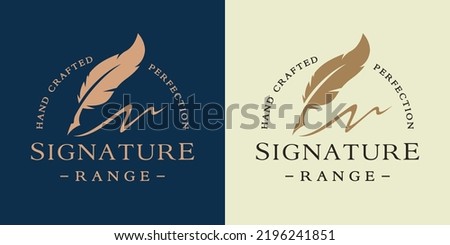 Feather signature logo. Premium quality product range label icon. Fountain pen ink emblem. Vector illustration.