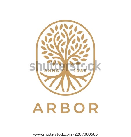 Arbor tree of life logo. Natural product plant growth icon. Botanical wellness spa sign. Eco nature garden emblem. Premium oak tree roots symbol. Vector illustration.