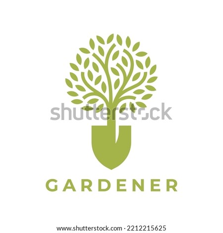 Concept tree shovel logo. Landscape gardener icon. Garden spade plant sign. Gardening service emblem. landscaping company symbol. Vector illustration.