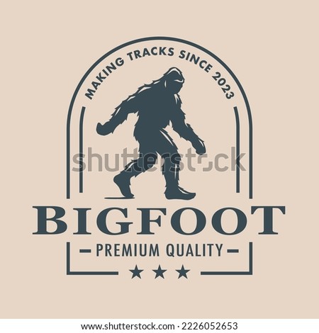 Bigfoot walking logo design. Sasquatch silhouette icon. Hairy wild man symbol. Cryptid company emblem. Mythical skunk-ape outdoor brand design element. Vector illustration.
