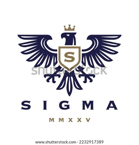 Eagle insignia logo. Heraldic monogram falcon icon. Heraldry bird symbol. Royal hawk emblem. Vector illustration.