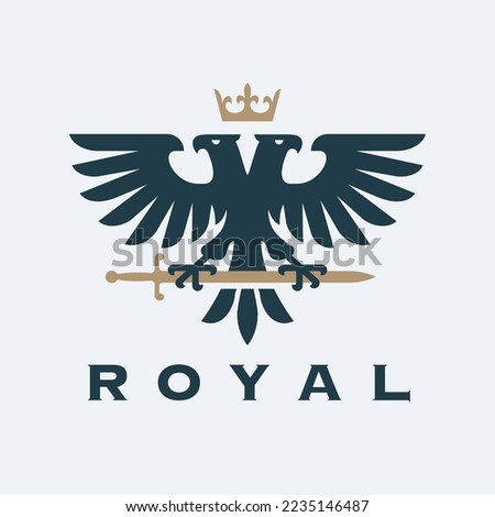 Double headed eagle logo design. Heraldic falcon icon. Hawk insignia symbol. Royal bird heraldry emblem. Vector illustration.