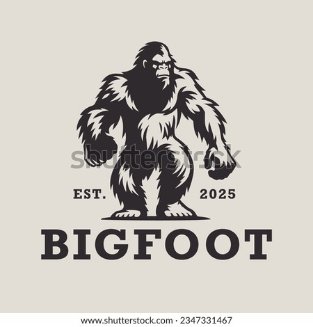 Bigfoot logo design. Sasquatch brand icon. Yeti symbol. Wood ape emblem. Mythical cryptid creature vector illustration.