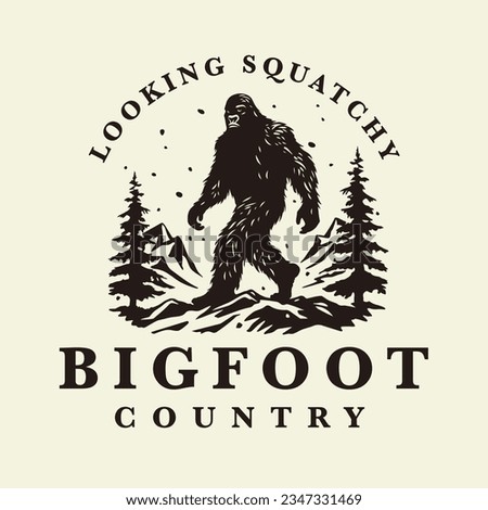 Bigfoot country logo design. Sasquatch brand icon. Yeti symbol. Looking squatchy emblem. Mythical cryptid creature vector illustration.