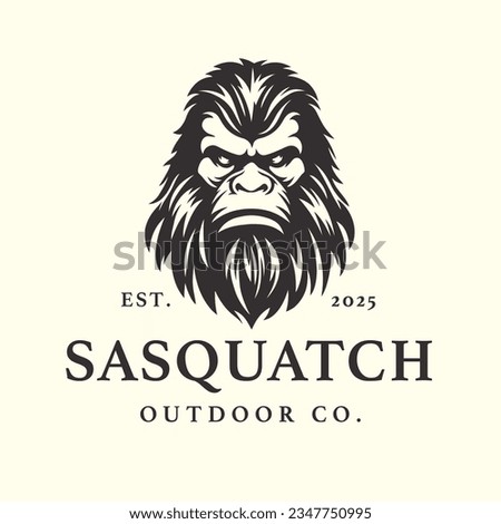 Squatchy bigfoot logo design. Sasquatch face brand icon. Yeti symbol. Wood ape emblem. Mythical cryptid creature vector illustration.