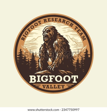 Bigfoot research team badge. Sasquatch club sticker. Yeti emblem. Mythical cryptid creature investigation logo design. Vector illustration.