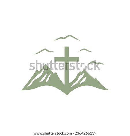 Christian cross on mountain icon. Church logo mark. Religious symbol. Vector illustration.