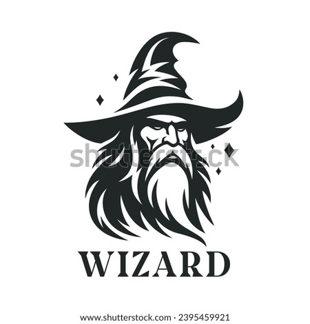 Bearded wizard logo. Warlock symbol. Wise magician emblem. Mystical sorcerer icon. Vector illustration.