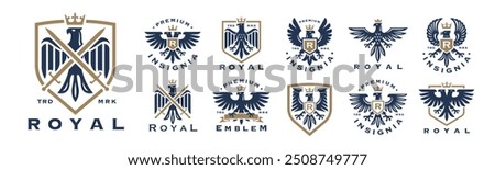 Collection of elegant royal eagle logos and emblems set featuring a crown. Perfect for premium branding, insignias, and vector design elements.