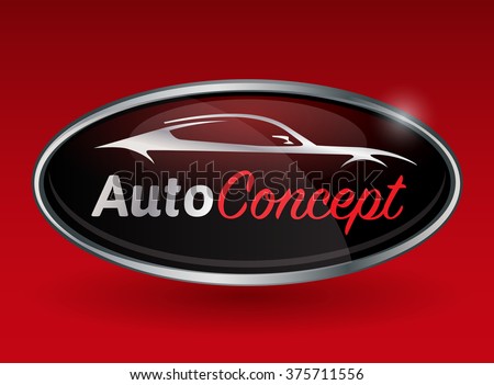 Concept automotive logo design with chrome badge of sports vehicle silhouette on red background. Vector illustration.