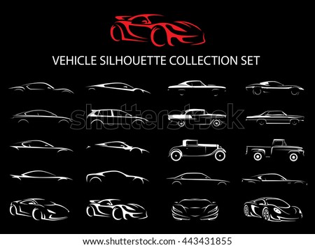 Concept supercar and regular motor car vehicle silhouette icon collection set. Vector illustration.