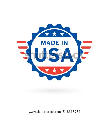 Made in USA icon concept badge design with blue and red American flag emblem elements. Vector illustration.