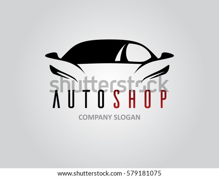 Auto shop car logo design with concept sports vehicle icon silhouette on light grey background. Vector illustration.