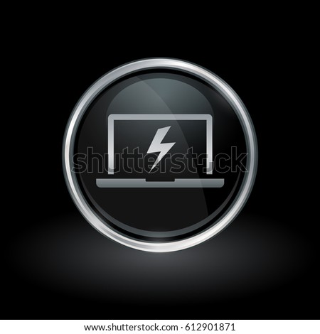 Notebook charge symbol with laptop bolt flash icon inside round chrome silver and black button emblem on black background. Vector illustration.