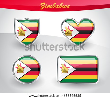 Glossy Zimbabwe flag icon set with shield, heart, circle and rectangle shapes in silver frame. Vector illustration. Zdjęcia stock © 