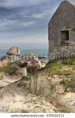Old guard house on a stormy day near the Atlantic ocean. High density range image.