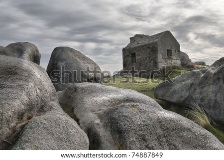 Old guard house on a stormy day near the Atlantic ocean. High density range image.