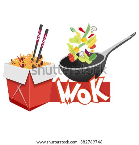 wok, ?hinese food, vegetables, vector illustration, noodles in a box, food packaging