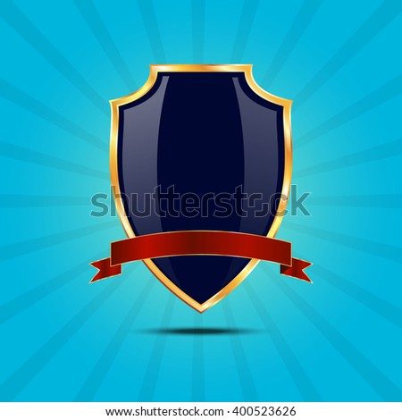 Metallic blue golden shield. Vector icon on blue background with rays