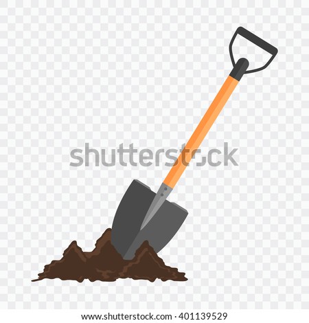 Shovel in the ground. Gardening tool on checked background. Isolated shovel in heap of soil