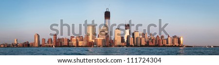 September 2012. Manhattan, downtown Liberty tower (World Trade center) construction. Shot over Hudson river panorama from Jersey city