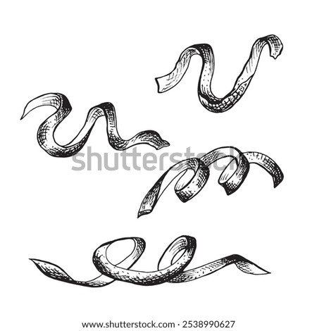 Orange fruit peel. Set sketches. Vector graphic illustration, hand drawn isolated. Black and white citrus skin, zest spiral. Seasoning for cooking, ingredient jam. Clipart for cosmetic, food design.