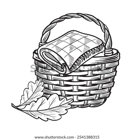 Wicker basket with blanket and oak leaves. Cozy autumn picnik composition sketch. Vector line illustration, hand drawn isolated. Black and white doodle fall arrangement. Clipart for card, sticker, add