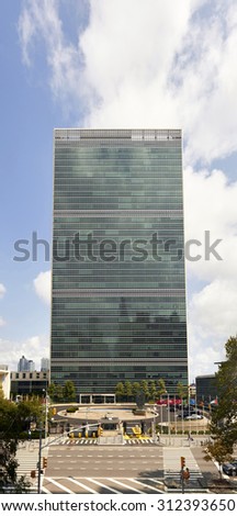NEW YORK CITY - August 17 2015: The United Nations headquater in Manhattan is the official building of the UN since 1952, High resolution.