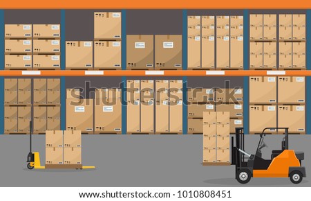 Warehouse interior with goods, pallet trucks and container package boxes. Flat vector